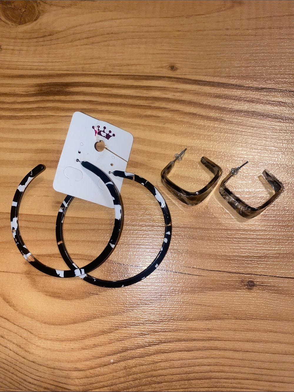 (2) pair Black & White Marbled Hoop Earrings & Brown - Unbranded